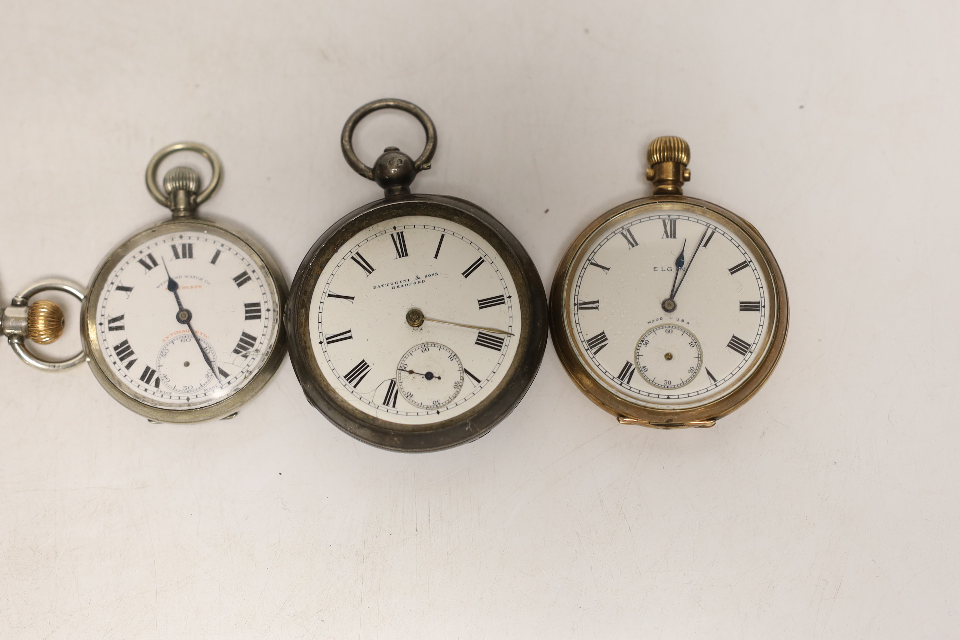 Four assorted pocket watches including gold plated Elgin and silver hunter retailed by Dunkling, Melbourne.